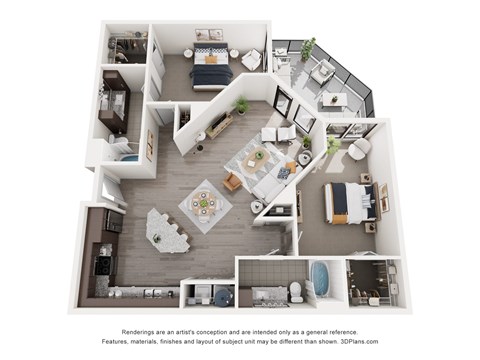 A 3D floor plan of a house with multiple rooms and furniture.